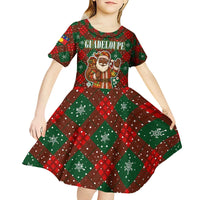 Guadeloupe Christmas Kid Short Sleeve Dress with Green-Red Plaid Design, Island Map, and Traditional Santa Motif - Wonder Print Shop