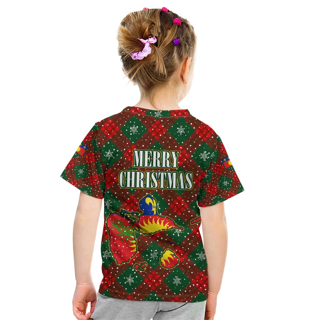 Guadeloupe Christmas Kid T Shirt with Green-Red Plaid Design, Island Map, and Traditional Santa Motif - Wonder Print Shop