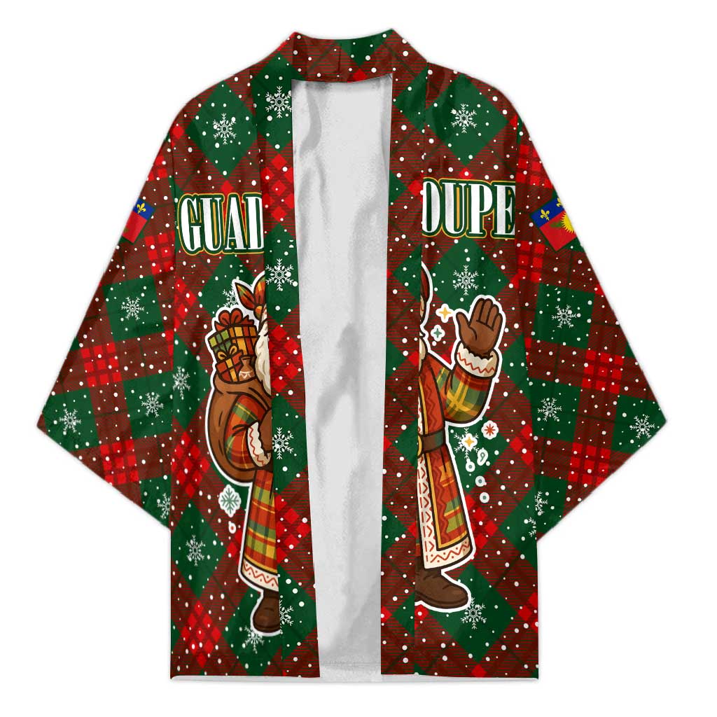 Guadeloupe Christmas Kimono with Green-Red Plaid Design, Island Map, and Traditional Santa Motif - Wonder Print Shop