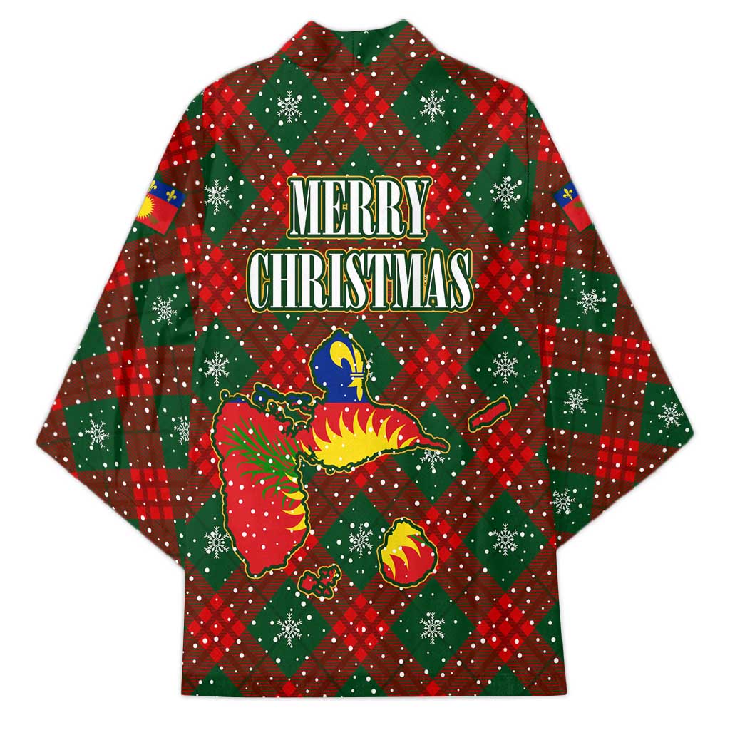 Guadeloupe Christmas Kimono with Green-Red Plaid Design, Island Map, and Traditional Santa Motif - Wonder Print Shop