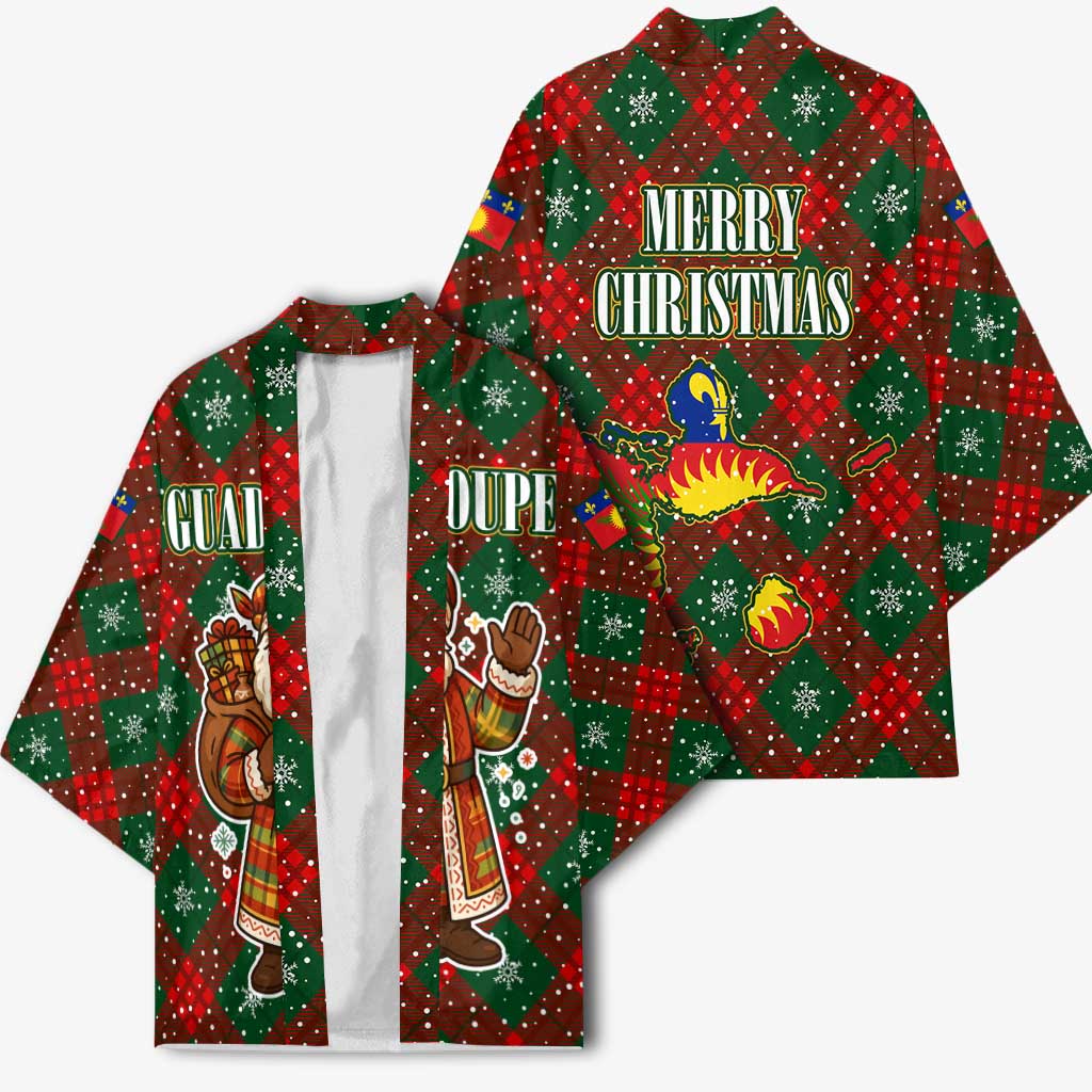 Guadeloupe Christmas Kimono with Green-Red Plaid Design, Island Map, and Traditional Santa Motif - Wonder Print Shop