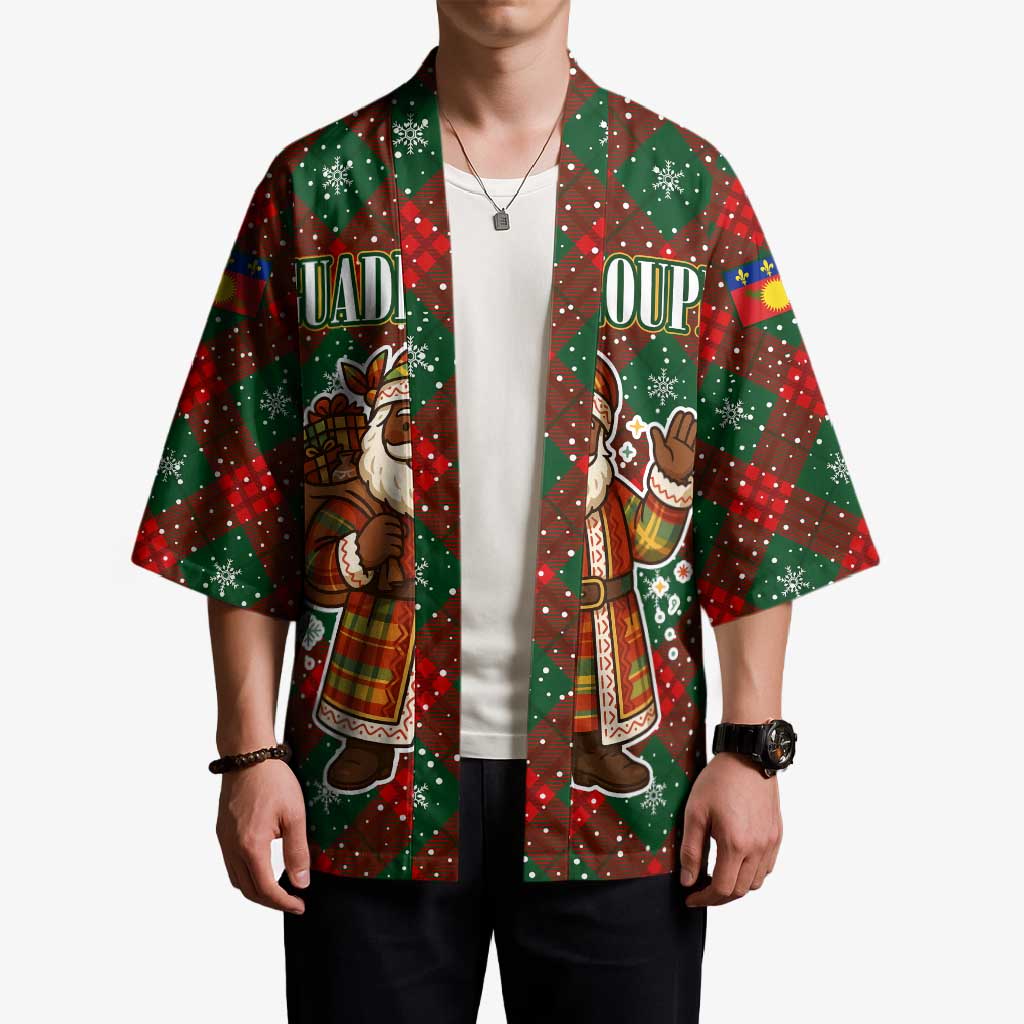 Guadeloupe Christmas Kimono with Green-Red Plaid Design, Island Map, and Traditional Santa Motif - Wonder Print Shop