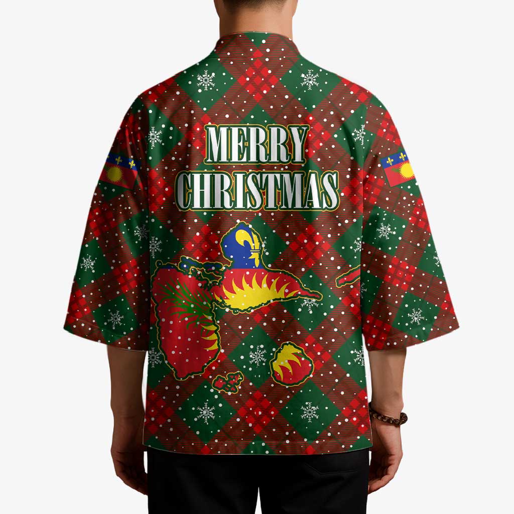 Guadeloupe Christmas Kimono with Green-Red Plaid Design, Island Map, and Traditional Santa Motif - Wonder Print Shop