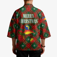 Guadeloupe Christmas Kimono with Green-Red Plaid Design, Island Map, and Traditional Santa Motif - Wonder Print Shop