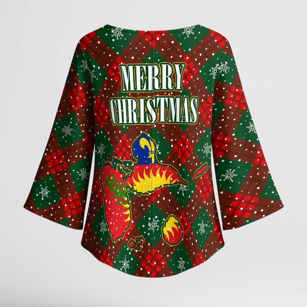 Guadeloupe Christmas Kimono Sleeve Blouse with Green-Red Plaid Design, Island Map, and Traditional Santa Motif - Wonder Print Shop