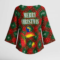 Guadeloupe Christmas Kimono Sleeve Blouse with Green-Red Plaid Design, Island Map, and Traditional Santa Motif - Wonder Print Shop
