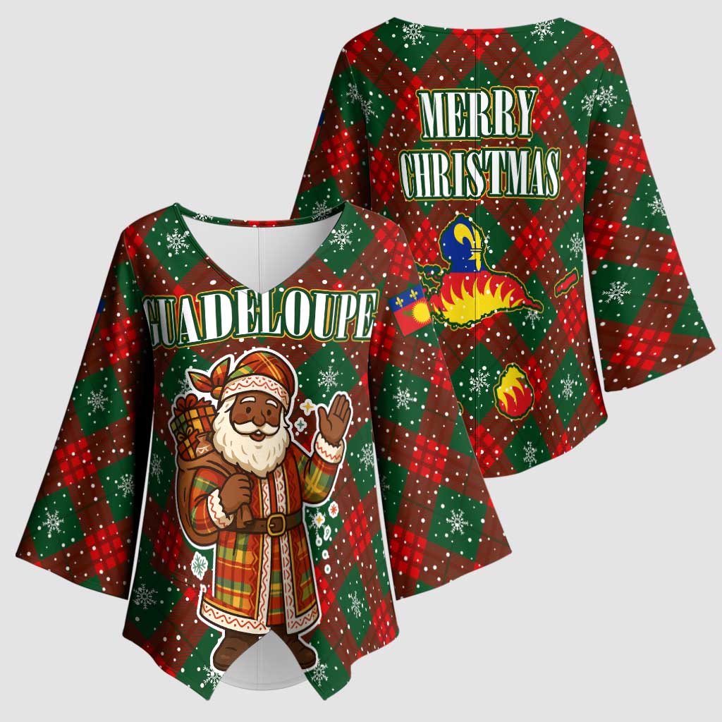 Guadeloupe Christmas Kimono Sleeve Blouse with Green-Red Plaid Design, Island Map, and Traditional Santa Motif - Wonder Print Shop