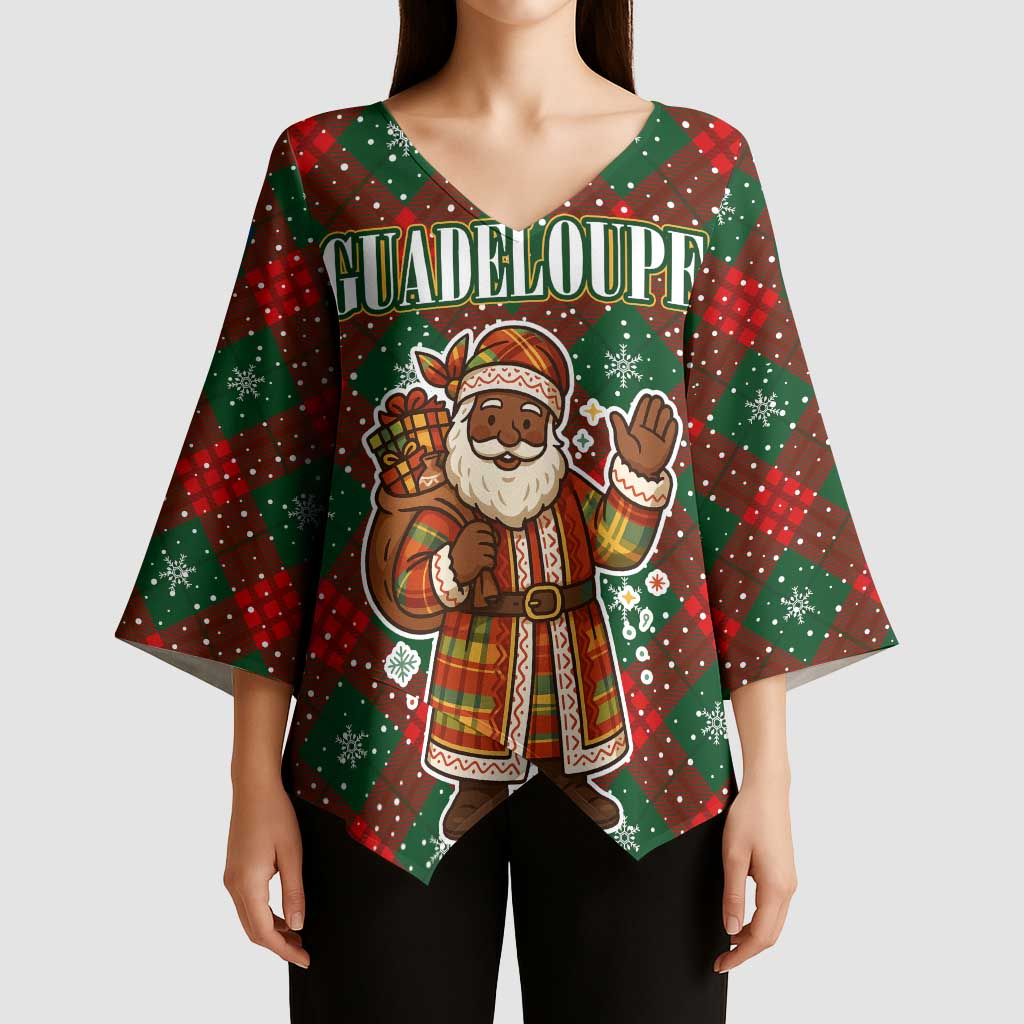 Guadeloupe Christmas Kimono Sleeve Blouse with Green-Red Plaid Design, Island Map, and Traditional Santa Motif - Wonder Print Shop
