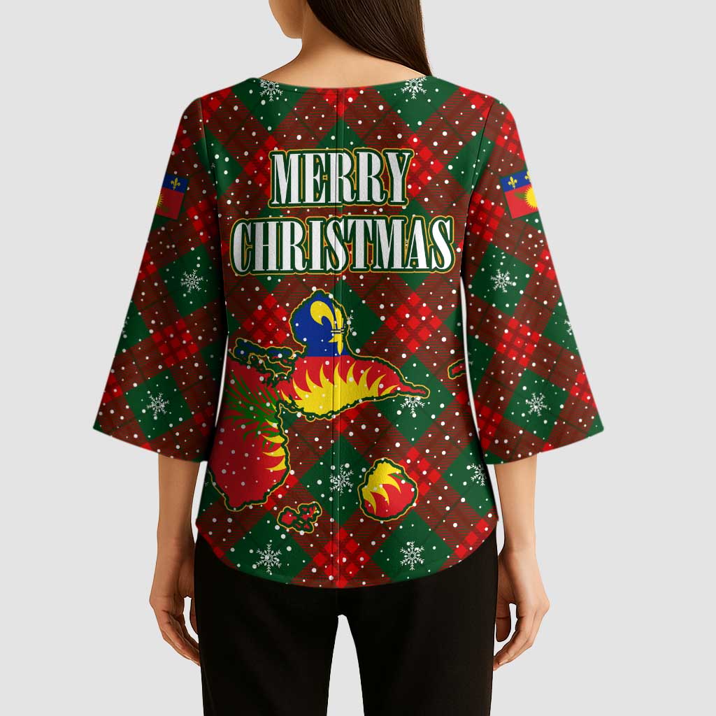 Guadeloupe Christmas Kimono Sleeve Blouse with Green-Red Plaid Design, Island Map, and Traditional Santa Motif - Wonder Print Shop