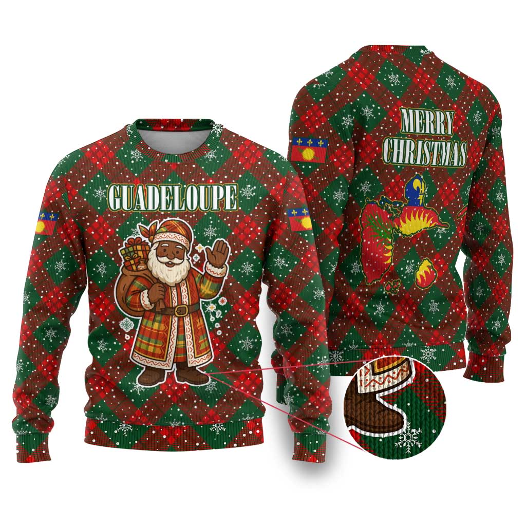 Guadeloupe Christmas Ugly Christmas Sweater with Green-Red Plaid Design, Island Map, and Traditional Santa Motif - Wonder Print Shop