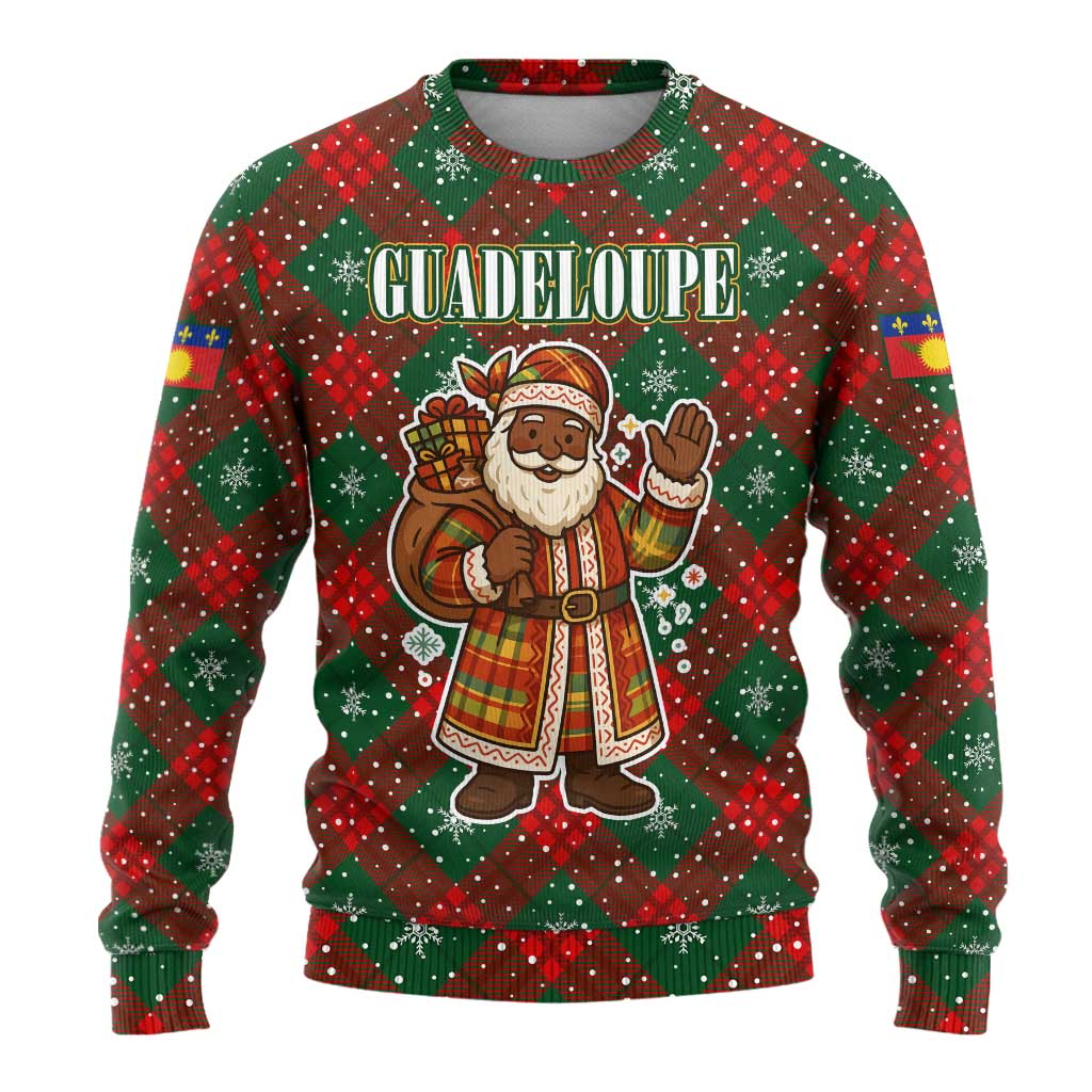 Guadeloupe Christmas Ugly Christmas Sweater with Green-Red Plaid Design, Island Map, and Traditional Santa Motif - Wonder Print Shop