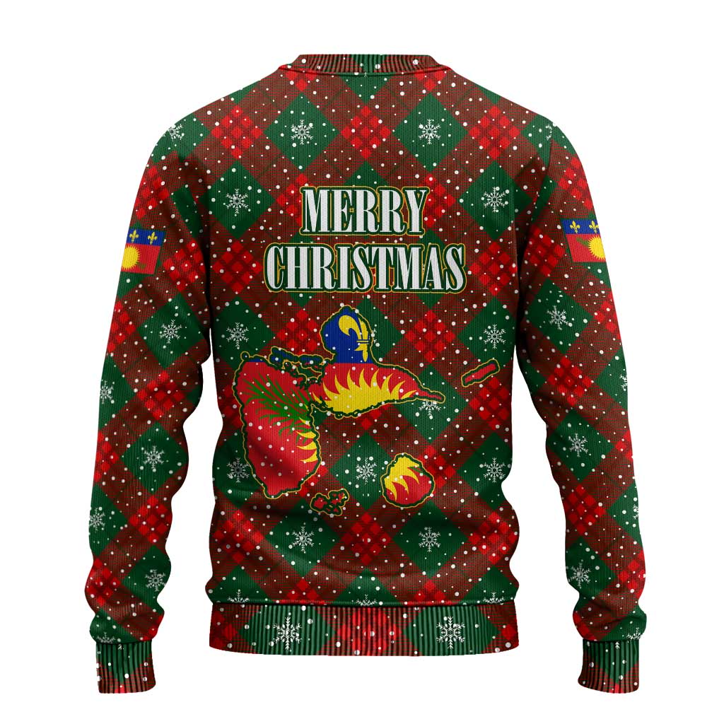 Guadeloupe Christmas Ugly Christmas Sweater with Green-Red Plaid Design, Island Map, and Traditional Santa Motif - Wonder Print Shop