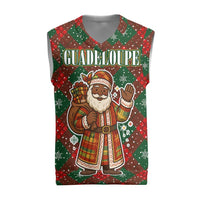 Guadeloupe Christmas Knitted V-Neck Vest with Green-Red Plaid Design, Island Map, and Traditional Santa Motif - Wonder Print Shop