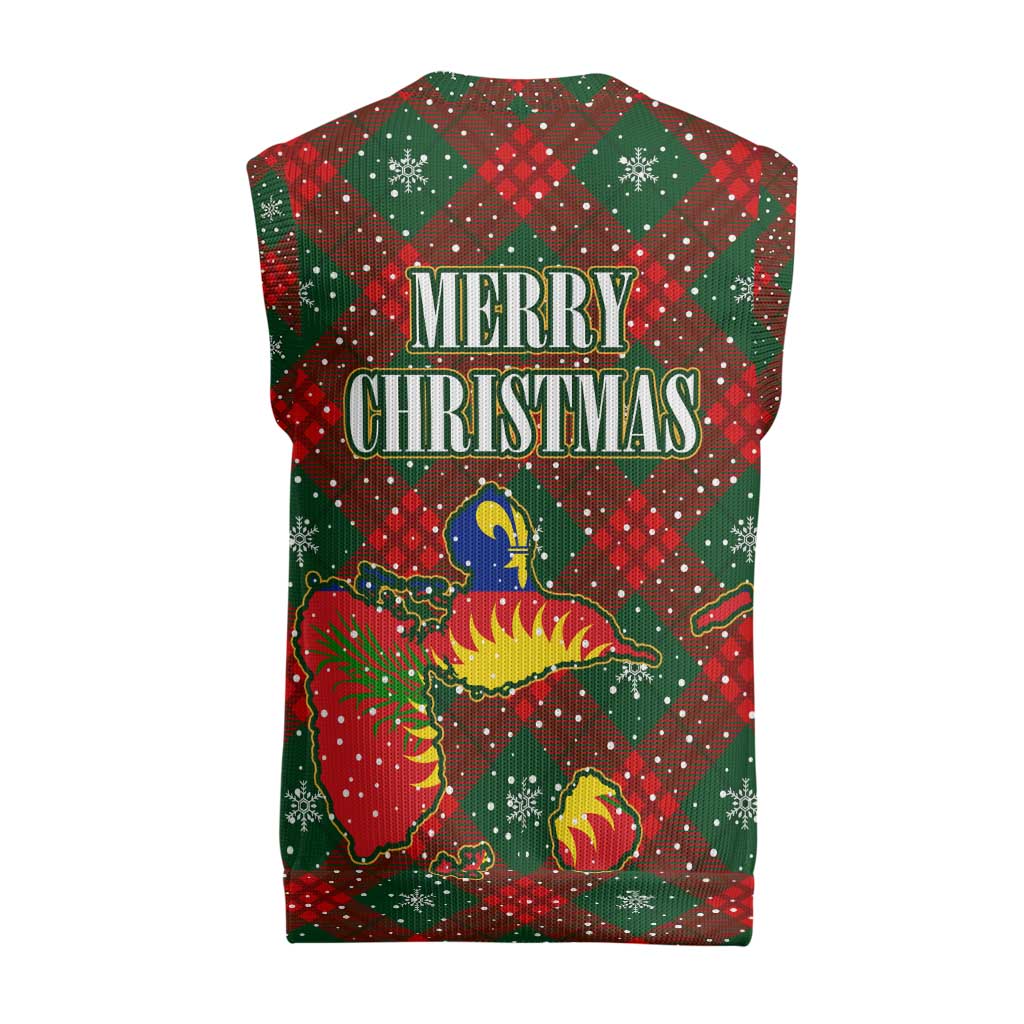 Guadeloupe Christmas Knitted V-Neck Vest with Green-Red Plaid Design, Island Map, and Traditional Santa Motif - Wonder Print Shop