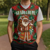 Guadeloupe Christmas Knitted V-Neck Vest with Green-Red Plaid Design, Island Map, and Traditional Santa Motif - Wonder Print Shop