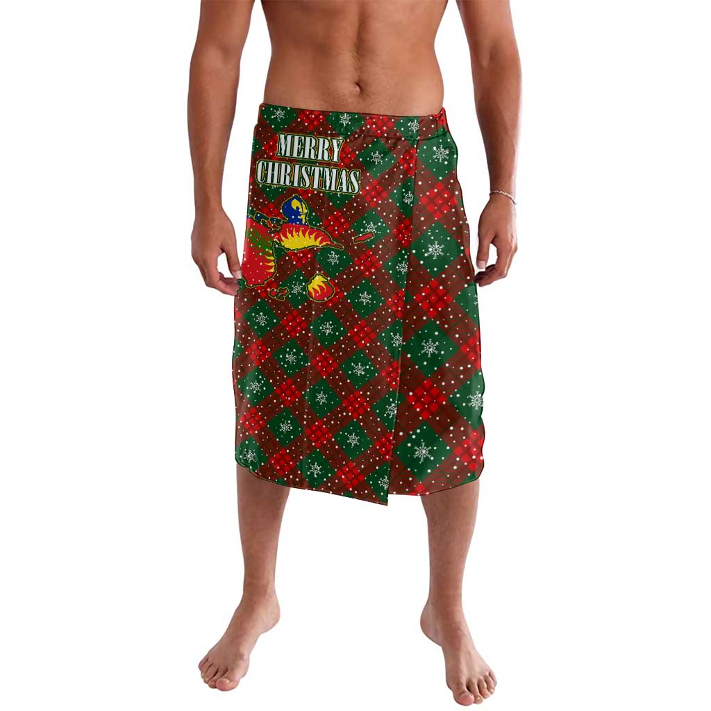 Guadeloupe Christmas Lavalava with Green-Red Plaid Design, Island Map, and Traditional Santa Motif - Wonder Print Shop