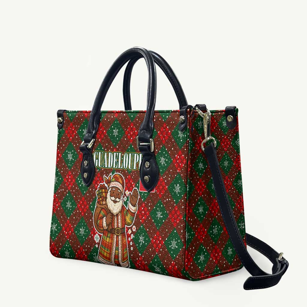 Guadeloupe Christmas Leather Bag with Green-Red Plaid Design, Island Map, and Traditional Santa Motif - Wonder Print Shop