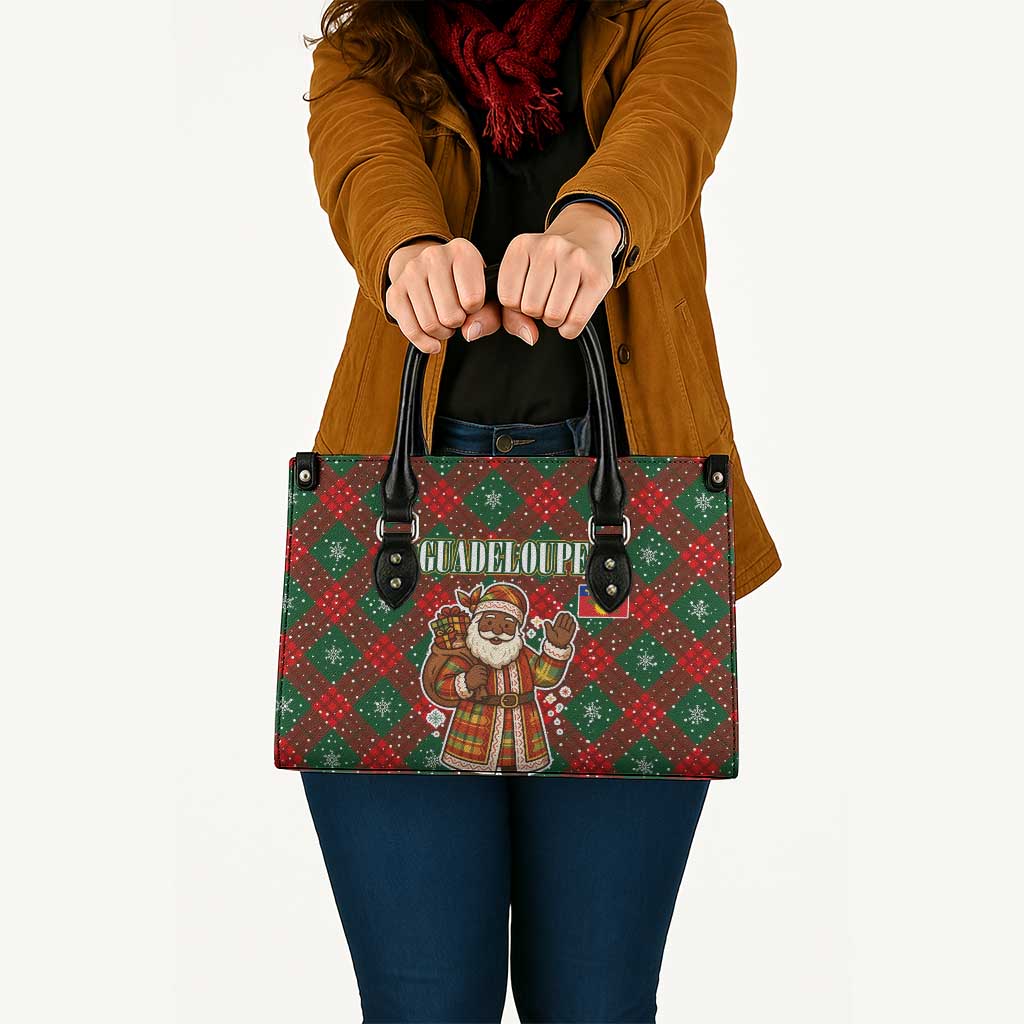 Guadeloupe Christmas Leather Bag with Green-Red Plaid Design, Island Map, and Traditional Santa Motif - Wonder Print Shop