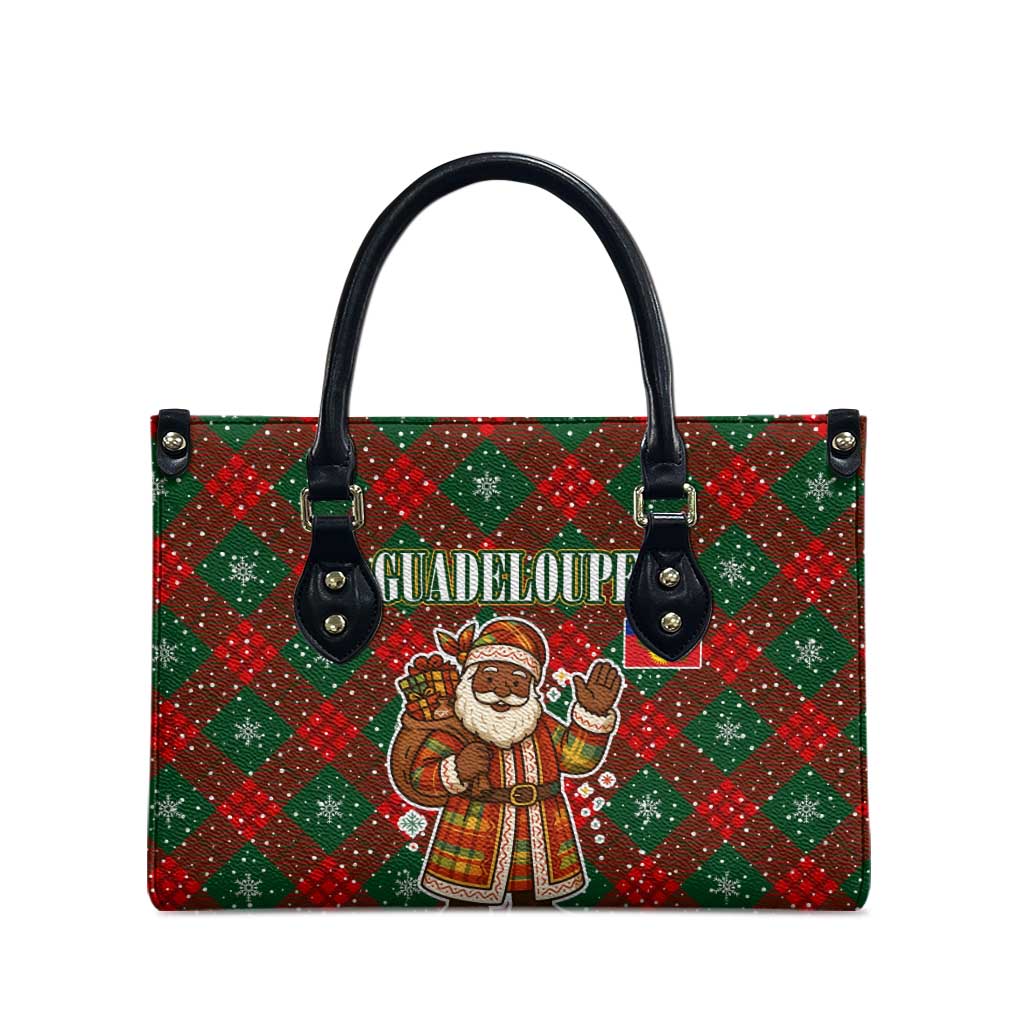 Guadeloupe Christmas Leather Bag with Green-Red Plaid Design, Island Map, and Traditional Santa Motif - Wonder Print Shop