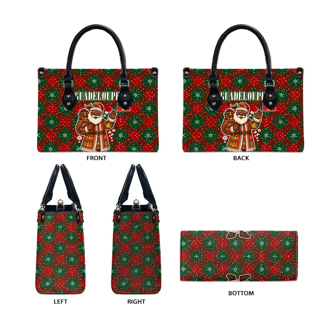 Guadeloupe Christmas Leather Bag with Green-Red Plaid Design, Island Map, and Traditional Santa Motif - Wonder Print Shop
