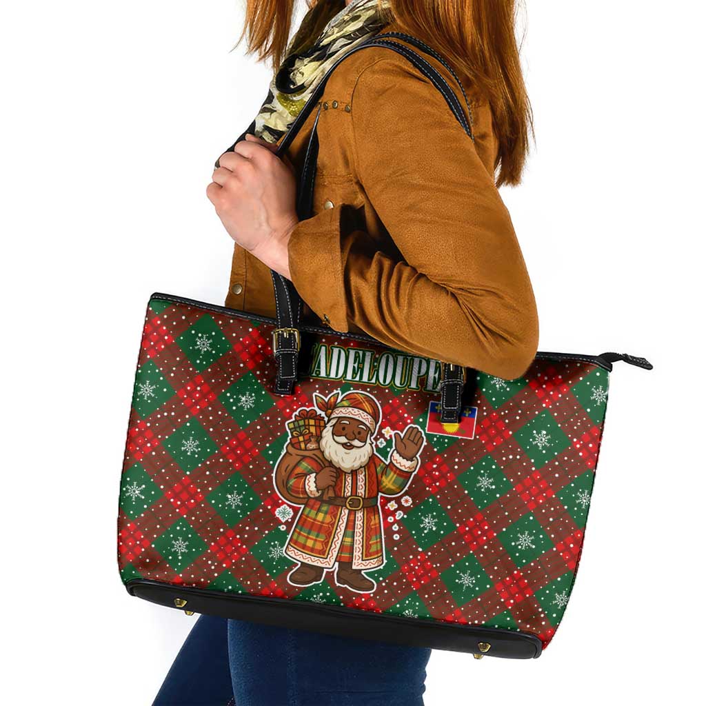 Guadeloupe Christmas Leather Tote Bag with Green-Red Plaid Design, Island Map, and Traditional Santa Motif - Wonder Print Shop