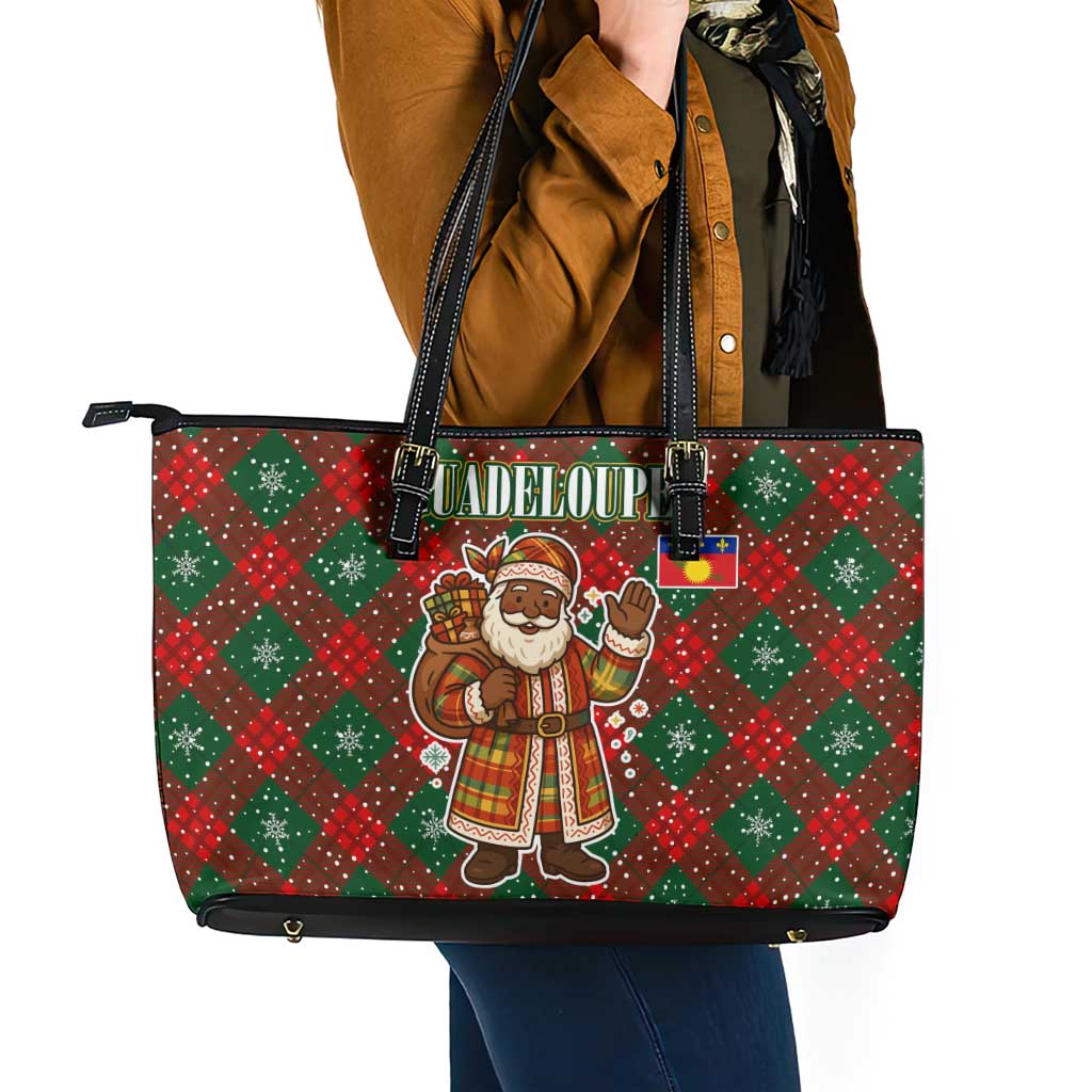 Guadeloupe Christmas Leather Tote Bag with Green-Red Plaid Design, Island Map, and Traditional Santa Motif - Wonder Print Shop