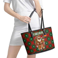 Guadeloupe Christmas Leather Tote Bag with Green-Red Plaid Design, Island Map, and Traditional Santa Motif - Wonder Print Shop