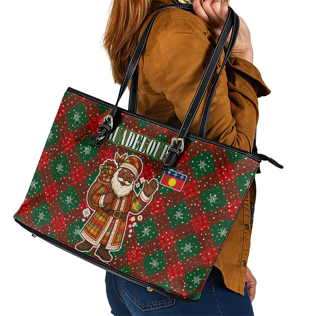 Guadeloupe Christmas Leather Tote Bag with Green-Red Plaid Design, Island Map, and Traditional Santa Motif - Wonder Print Shop