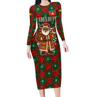 Guadeloupe Christmas Long Sleeve Bodycon Dress with Green-Red Plaid Design, Island Map, and Traditional Santa Motif - Wonder Print Shop