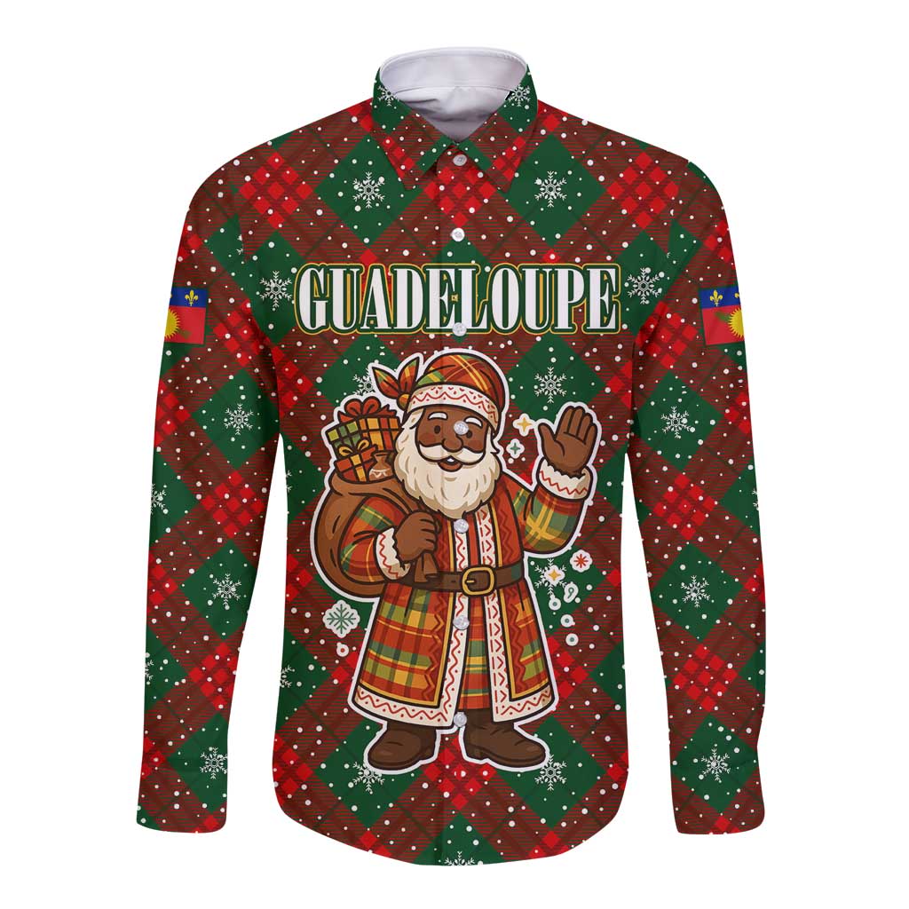 Guadeloupe Christmas Long Sleeve Button Shirt with Green-Red Plaid Design, Island Map, and Traditional Santa Motif - Wonder Print Shop