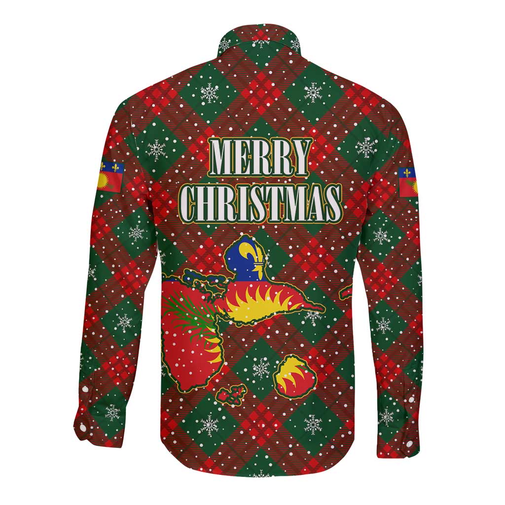 Guadeloupe Christmas Long Sleeve Button Shirt with Green-Red Plaid Design, Island Map, and Traditional Santa Motif - Wonder Print Shop