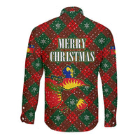 Guadeloupe Christmas Long Sleeve Button Shirt with Green-Red Plaid Design, Island Map, and Traditional Santa Motif - Wonder Print Shop
