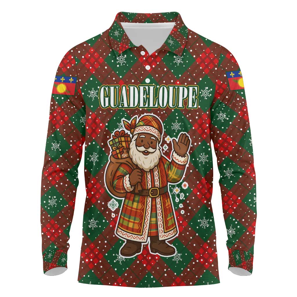 Guadeloupe Christmas Long Sleeve Polo Shirt with Green-Red Plaid Design, Island Map, and Traditional Santa Motif - Wonder Print Shop