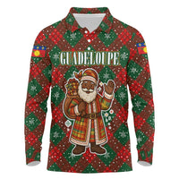 Guadeloupe Christmas Long Sleeve Polo Shirt with Green-Red Plaid Design, Island Map, and Traditional Santa Motif - Wonder Print Shop