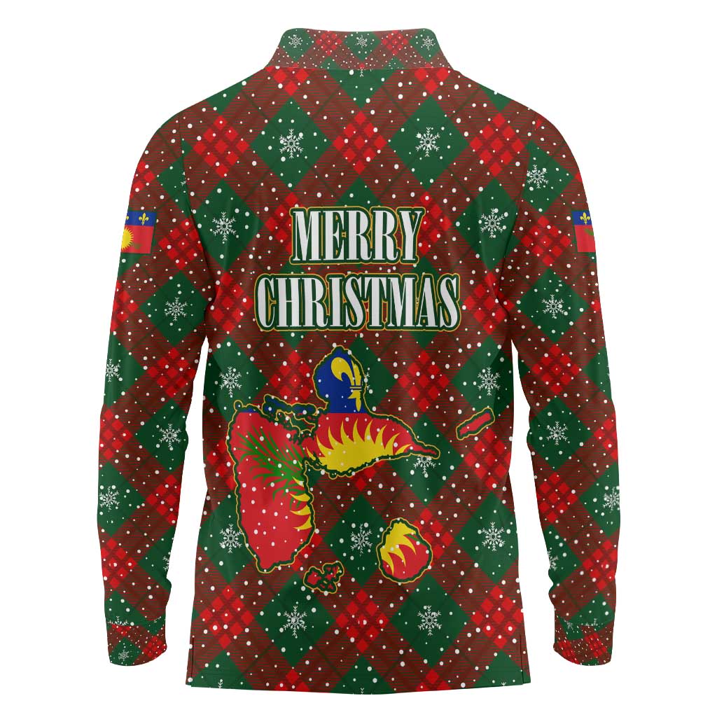 Guadeloupe Christmas Long Sleeve Polo Shirt with Green-Red Plaid Design, Island Map, and Traditional Santa Motif - Wonder Print Shop