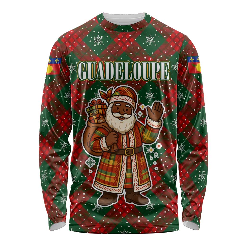 Guadeloupe Christmas Long Sleeve Shirt with Green-Red Plaid Design, Island Map, and Traditional Santa Motif - Wonder Print Shop