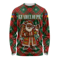Guadeloupe Christmas Long Sleeve Shirt with Green-Red Plaid Design, Island Map, and Traditional Santa Motif - Wonder Print Shop