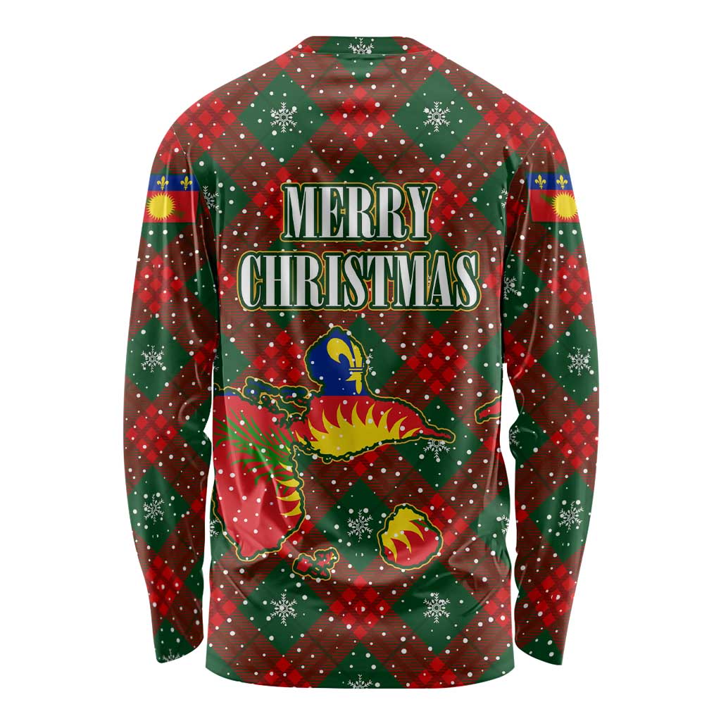 Guadeloupe Christmas Long Sleeve Shirt with Green-Red Plaid Design, Island Map, and Traditional Santa Motif - Wonder Print Shop