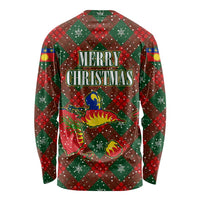 Guadeloupe Christmas Long Sleeve Shirt with Green-Red Plaid Design, Island Map, and Traditional Santa Motif - Wonder Print Shop