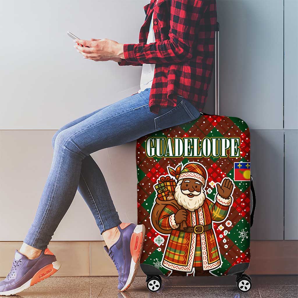 Guadeloupe Christmas Luggage Cover with Green-Red Plaid Design, Island Map, and Traditional Santa Motif - Wonder Print Shop