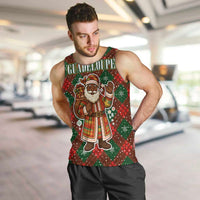 Guadeloupe Christmas Men Tank Top with Green-Red Plaid Design, Island Map, and Traditional Santa Motif - Wonder Print Shop
