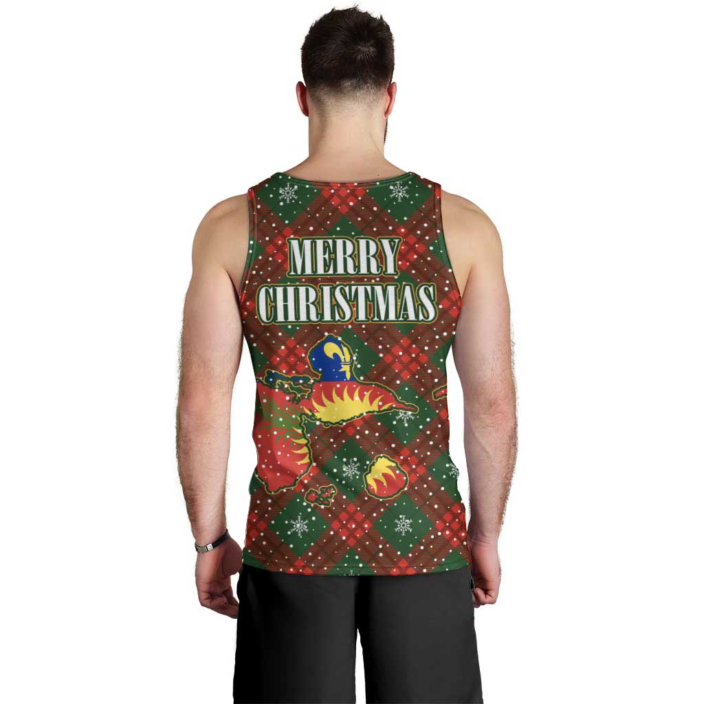 Guadeloupe Christmas Men Tank Top with Green-Red Plaid Design, Island Map, and Traditional Santa Motif - Wonder Print Shop