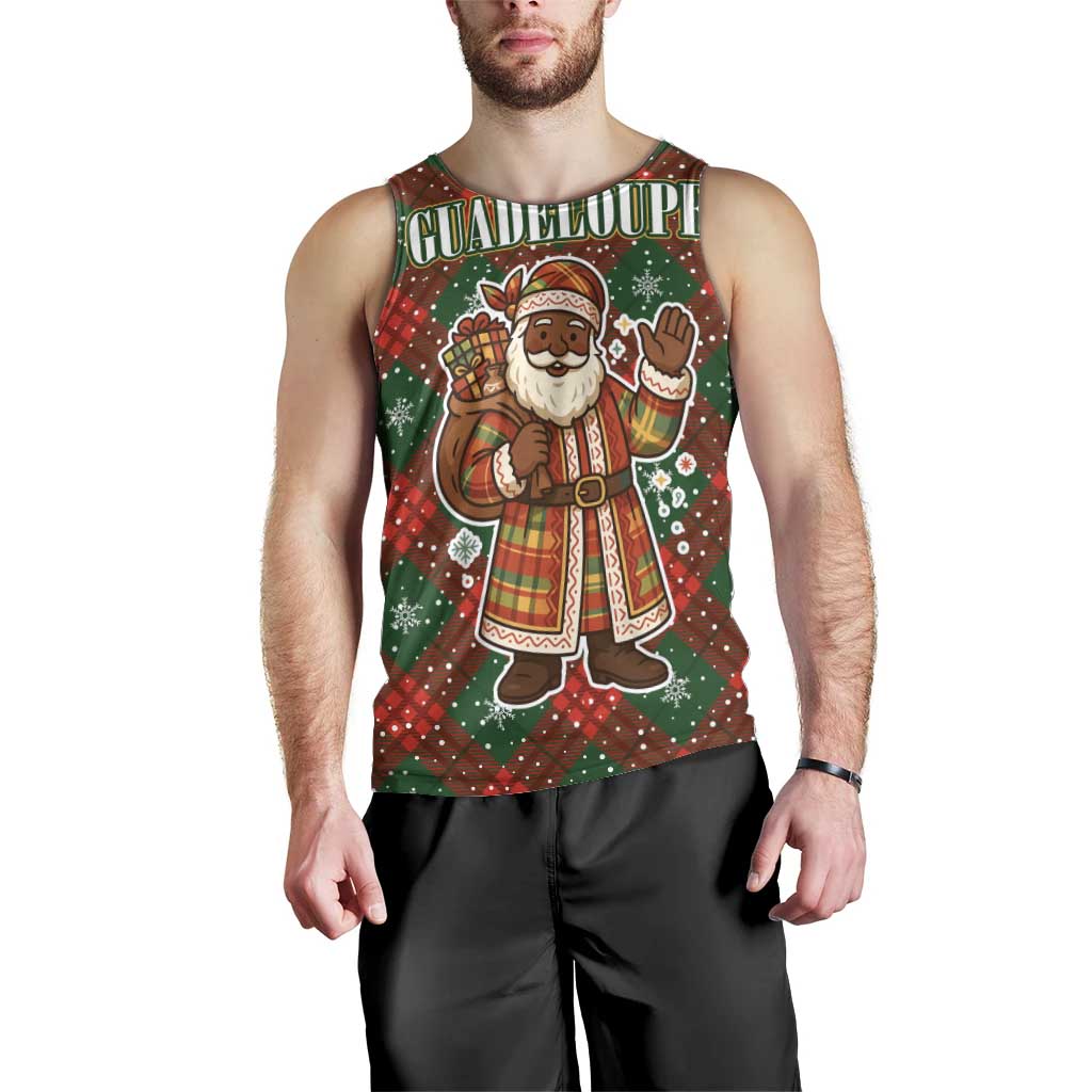 Guadeloupe Christmas Men Tank Top with Green-Red Plaid Design, Island Map, and Traditional Santa Motif - Wonder Print Shop
