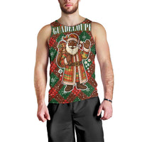 Guadeloupe Christmas Men Tank Top with Green-Red Plaid Design, Island Map, and Traditional Santa Motif - Wonder Print Shop
