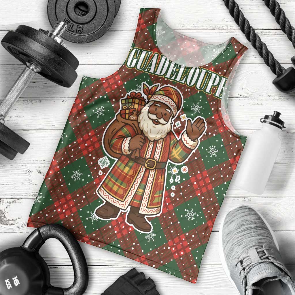 Guadeloupe Christmas Men Tank Top with Green-Red Plaid Design, Island Map, and Traditional Santa Motif - Wonder Print Shop