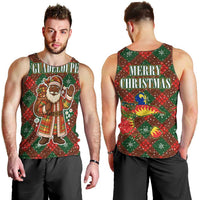 Guadeloupe Christmas Men Tank Top with Green-Red Plaid Design, Island Map, and Traditional Santa Motif - Wonder Print Shop