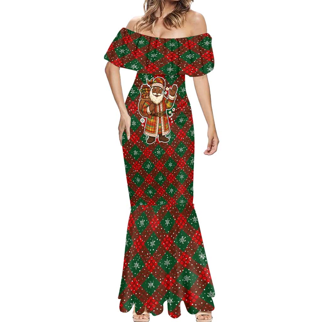 Guadeloupe Christmas Mermaid Dress with Green-Red Plaid Design, Island Map, and Traditional Santa Motif - Wonder Print Shop