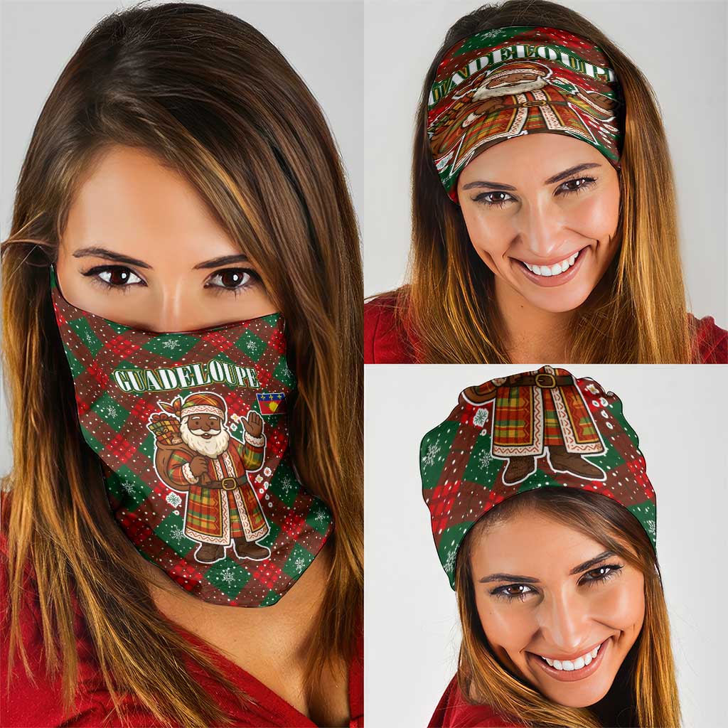 Guadeloupe Christmas Neck Gaiter with Green-Red Plaid Design, Island Map, and Traditional Santa Motif - Wonder Print Shop