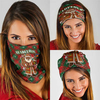 Guadeloupe Christmas Neck Gaiter with Green-Red Plaid Design, Island Map, and Traditional Santa Motif - Wonder Print Shop