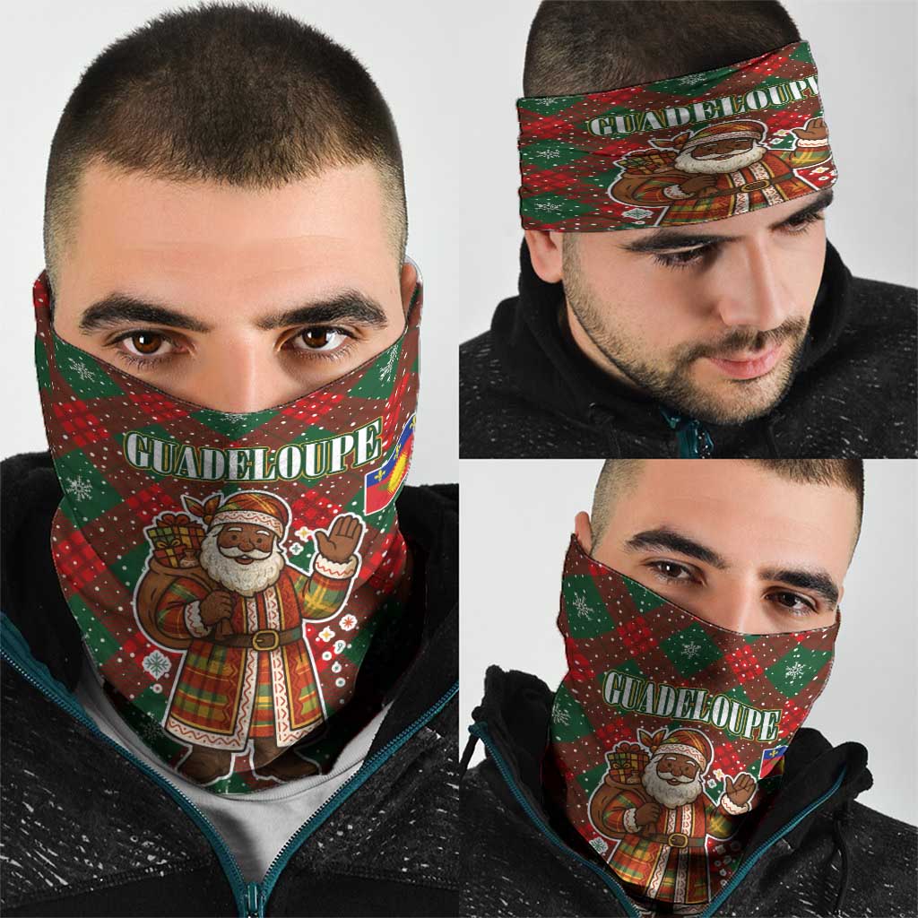 Guadeloupe Christmas Neck Gaiter with Green-Red Plaid Design, Island Map, and Traditional Santa Motif - Wonder Print Shop